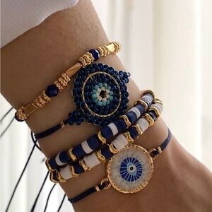 Handmade Miyuki Beads Blue and Gold Evil Eye Bracelet Set